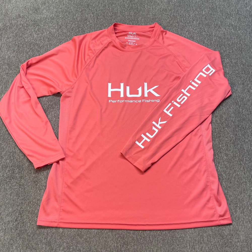 Huk Performance Fishing Shirt Womens Large Coral Pink Long Sleeve Logo Tee